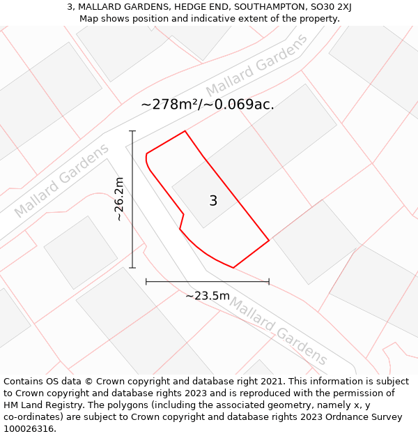 3, MALLARD GARDENS, HEDGE END, SOUTHAMPTON, SO30 2XJ: Plot and title map