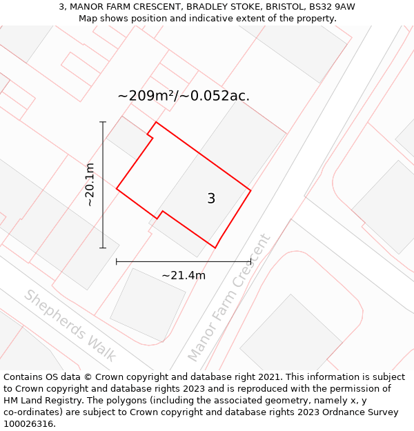 3, MANOR FARM CRESCENT, BRADLEY STOKE, BRISTOL, BS32 9AW: Plot and title map