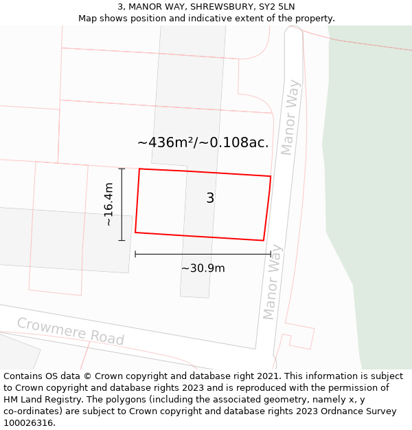 3, MANOR WAY, SHREWSBURY, SY2 5LN: Plot and title map