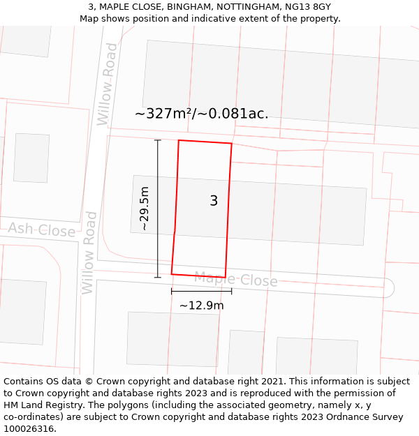 3, MAPLE CLOSE, BINGHAM, NOTTINGHAM, NG13 8GY: Plot and title map