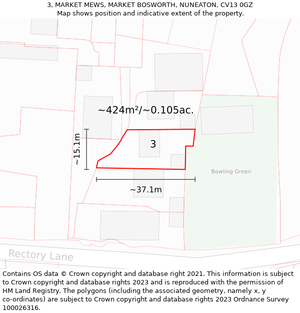 3, MARKET MEWS, MARKET BOSWORTH, NUNEATON, CV13 0GZ: Plot and title map