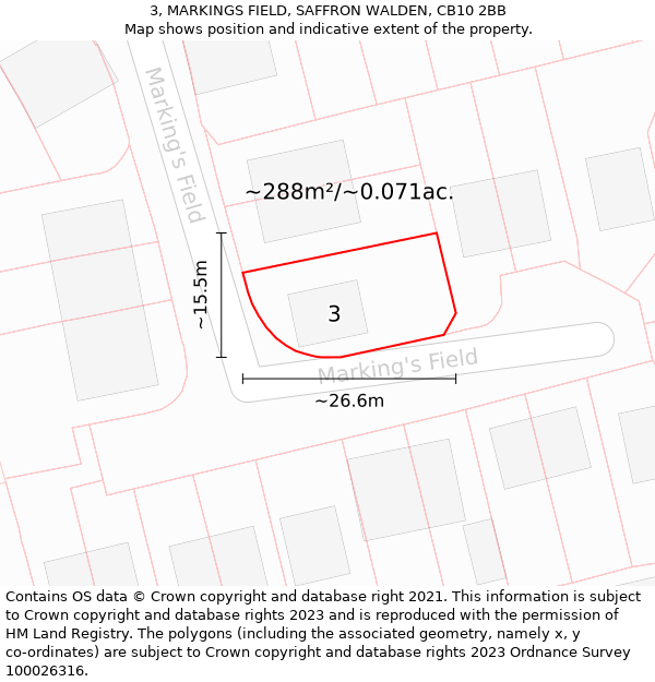 3, MARKINGS FIELD, SAFFRON WALDEN, CB10 2BB: Plot and title map