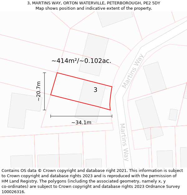 3, MARTINS WAY, ORTON WATERVILLE, PETERBOROUGH, PE2 5DY: Plot and title map