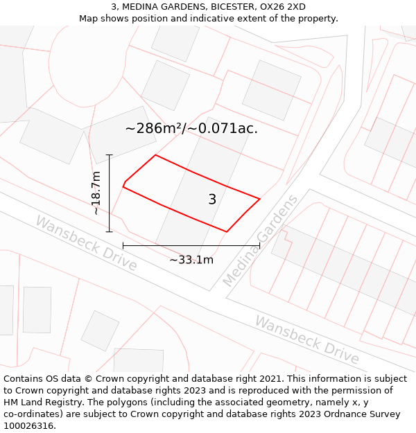 3, MEDINA GARDENS, BICESTER, OX26 2XD: Plot and title map