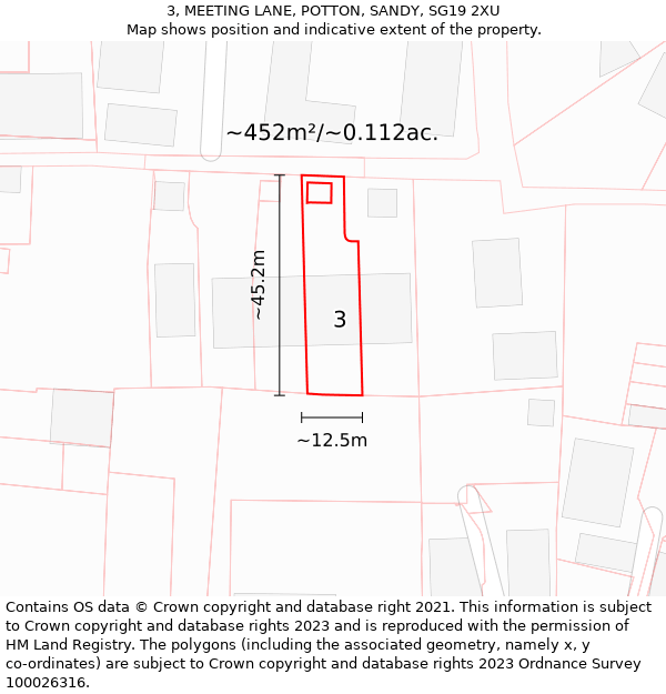 3, MEETING LANE, POTTON, SANDY, SG19 2XU: Plot and title map