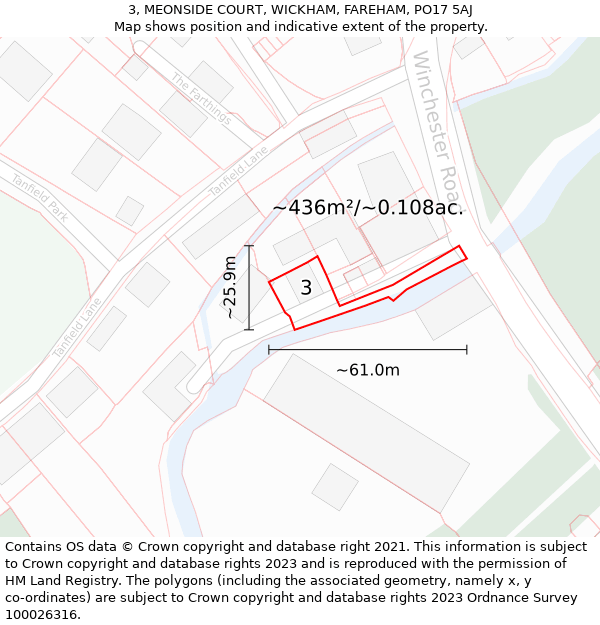 3, MEONSIDE COURT, WICKHAM, FAREHAM, PO17 5AJ: Plot and title map