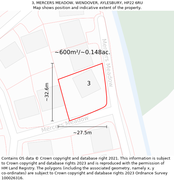 3, MERCERS MEADOW, WENDOVER, AYLESBURY, HP22 6RU: Plot and title map