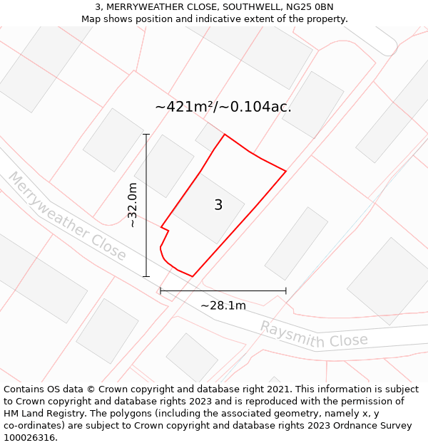 3, MERRYWEATHER CLOSE, SOUTHWELL, NG25 0BN: Plot and title map