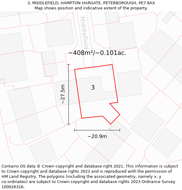 3, MIDDLEFIELD, HAMPTON HARGATE, PETERBOROUGH, PE7 8AX: Plot and title map