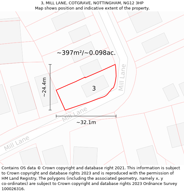 3, MILL LANE, COTGRAVE, NOTTINGHAM, NG12 3HP: Plot and title map