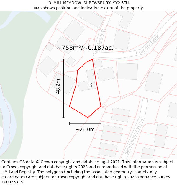 3, MILL MEADOW, SHREWSBURY, SY2 6EU: Plot and title map