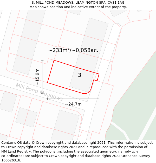 3, MILL POND MEADOWS, LEAMINGTON SPA, CV31 1AG: Plot and title map