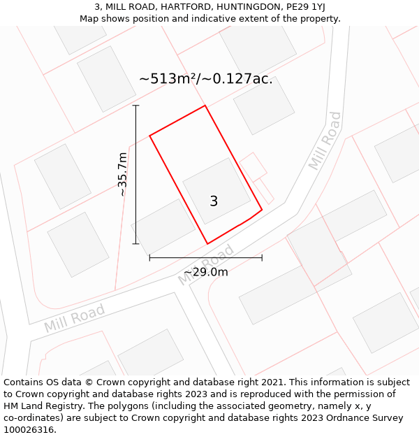 3, MILL ROAD, HARTFORD, HUNTINGDON, PE29 1YJ: Plot and title map