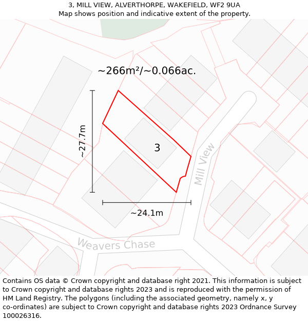 3, MILL VIEW, ALVERTHORPE, WAKEFIELD, WF2 9UA: Plot and title map