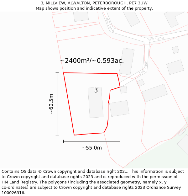 3, MILLVIEW, ALWALTON, PETERBOROUGH, PE7 3UW: Plot and title map