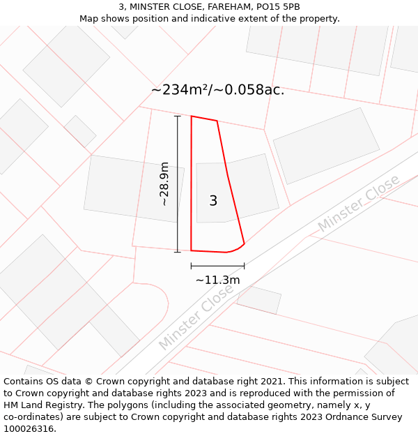 3, MINSTER CLOSE, FAREHAM, PO15 5PB: Plot and title map