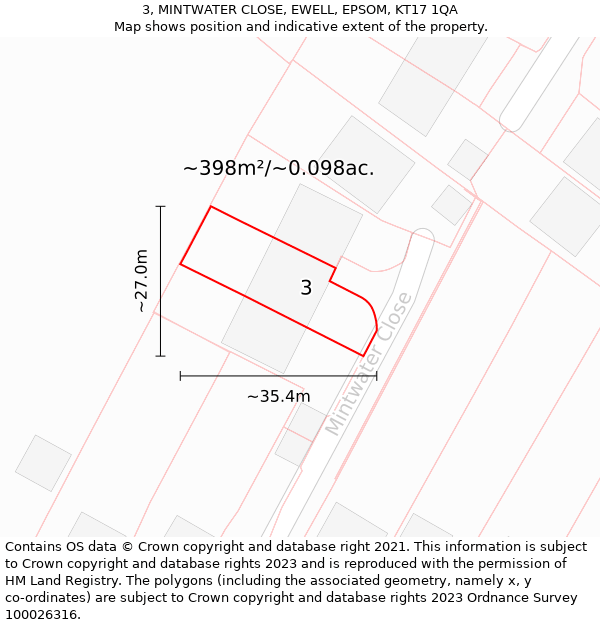 3, MINTWATER CLOSE, EWELL, EPSOM, KT17 1QA: Plot and title map