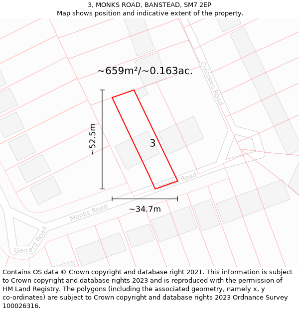 3, MONKS ROAD, BANSTEAD, SM7 2EP: Plot and title map