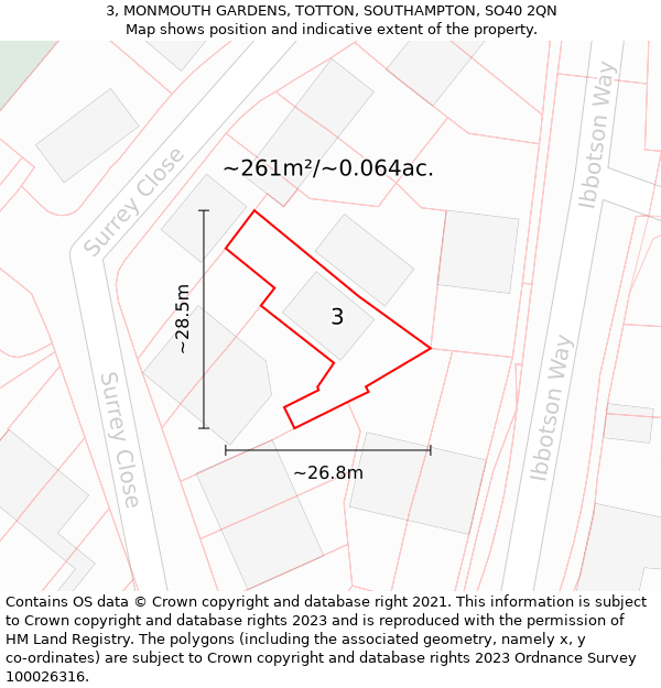 3, MONMOUTH GARDENS, TOTTON, SOUTHAMPTON, SO40 2QN: Plot and title map