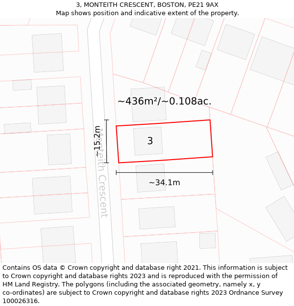 3, MONTEITH CRESCENT, BOSTON, PE21 9AX: Plot and title map
