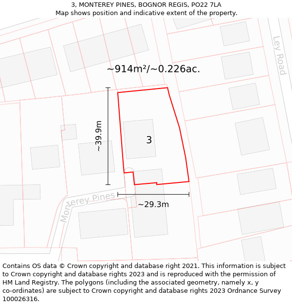 3, MONTEREY PINES, BOGNOR REGIS, PO22 7LA: Plot and title map