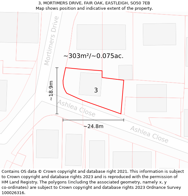 3, MORTIMERS DRIVE, FAIR OAK, EASTLEIGH, SO50 7EB: Plot and title map