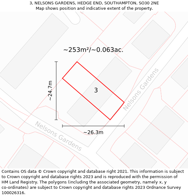 3, NELSONS GARDENS, HEDGE END, SOUTHAMPTON, SO30 2NE: Plot and title map