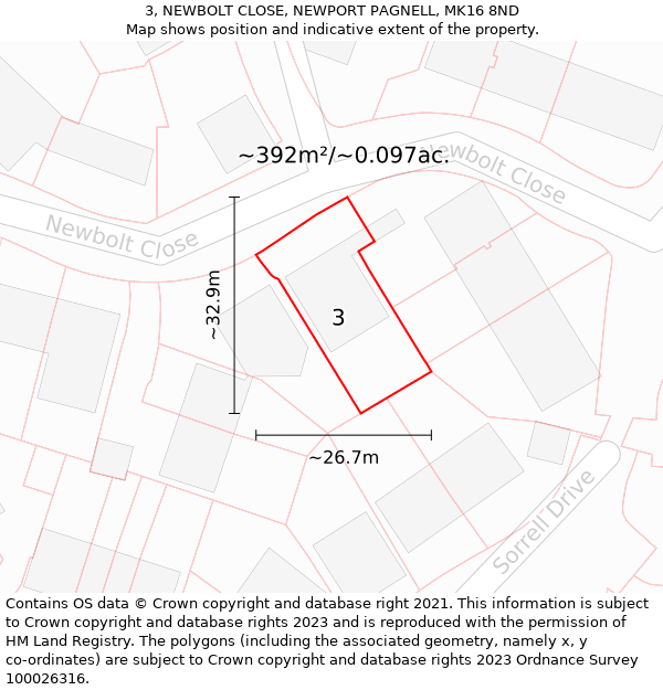 3, NEWBOLT CLOSE, NEWPORT PAGNELL, MK16 8ND: Plot and title map