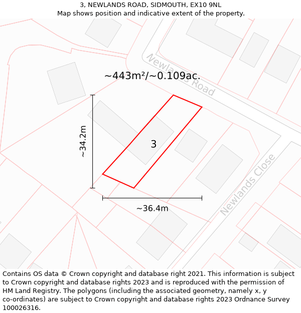 3, NEWLANDS ROAD, SIDMOUTH, EX10 9NL: Plot and title map