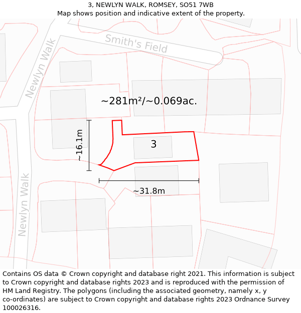 3, NEWLYN WALK, ROMSEY, SO51 7WB: Plot and title map