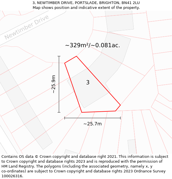 3, NEWTIMBER DRIVE, PORTSLADE, BRIGHTON, BN41 2LU: Plot and title map