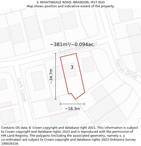 3, NIGHTINGALE ROAD, BRANDON, IP27 0UG: Plot and title map