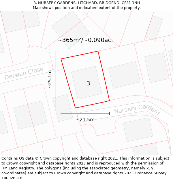 3, NURSERY GARDENS, LITCHARD, BRIDGEND, CF31 1NH: Plot and title map