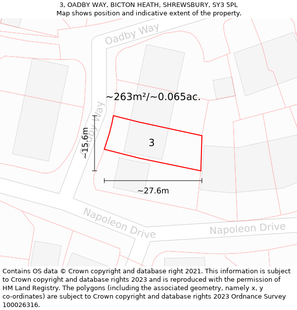 3, OADBY WAY, BICTON HEATH, SHREWSBURY, SY3 5PL: Plot and title map