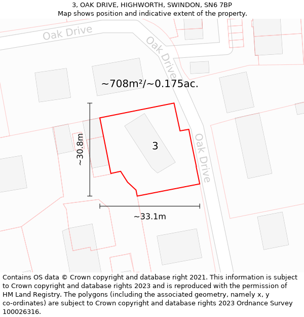 3, OAK DRIVE, HIGHWORTH, SWINDON, SN6 7BP: Plot and title map