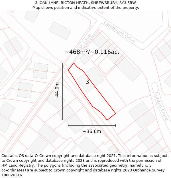 3, OAK LANE, BICTON HEATH, SHREWSBURY, SY3 5BW: Plot and title map