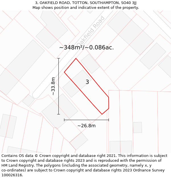 3, OAKFIELD ROAD, TOTTON, SOUTHAMPTON, SO40 3JJ: Plot and title map