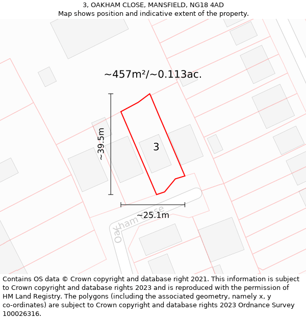 3, OAKHAM CLOSE, MANSFIELD, NG18 4AD: Plot and title map