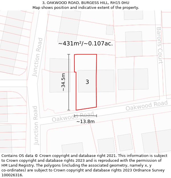 3, OAKWOOD ROAD, BURGESS HILL, RH15 0HU: Plot and title map