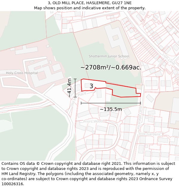 3, OLD MILL PLACE, HASLEMERE, GU27 1NE: Plot and title map