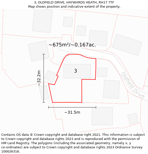 3, OLDFIELD DRIVE, HAYWARDS HEATH, RH17 7TF: Plot and title map