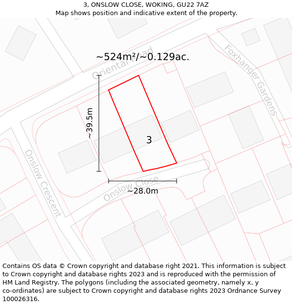 3, ONSLOW CLOSE, WOKING, GU22 7AZ: Plot and title map