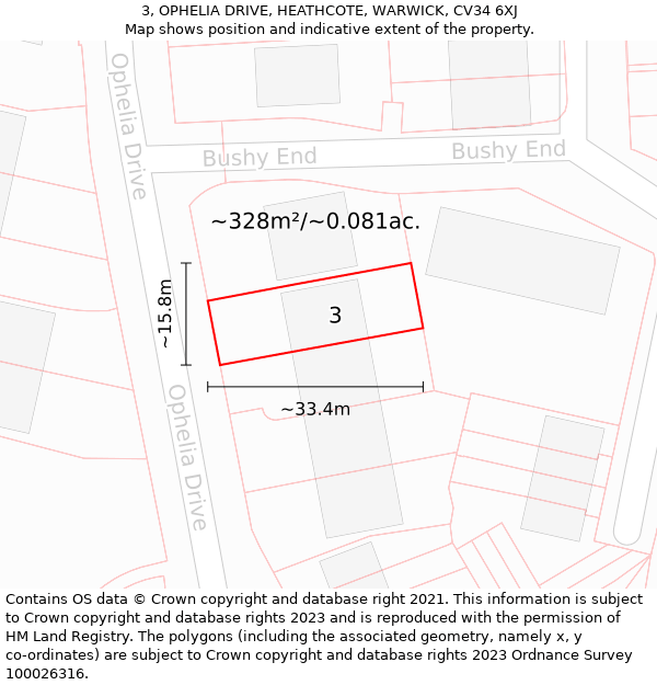 3, OPHELIA DRIVE, HEATHCOTE, WARWICK, CV34 6XJ: Plot and title map