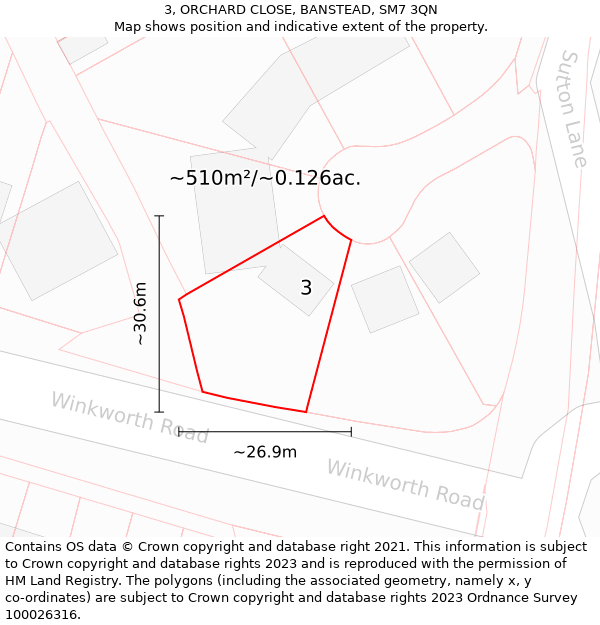 3, ORCHARD CLOSE, BANSTEAD, SM7 3QN: Plot and title map