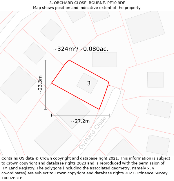 3, ORCHARD CLOSE, BOURNE, PE10 9DF: Plot and title map