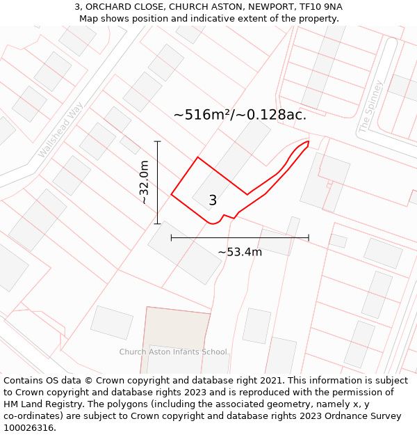 3, ORCHARD CLOSE, CHURCH ASTON, NEWPORT, TF10 9NA: Plot and title map