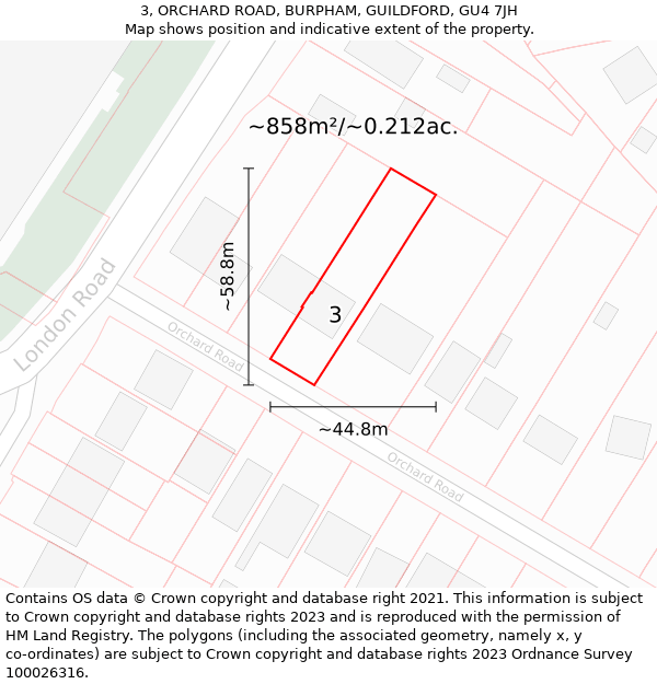 3, ORCHARD ROAD, BURPHAM, GUILDFORD, GU4 7JH: Plot and title map