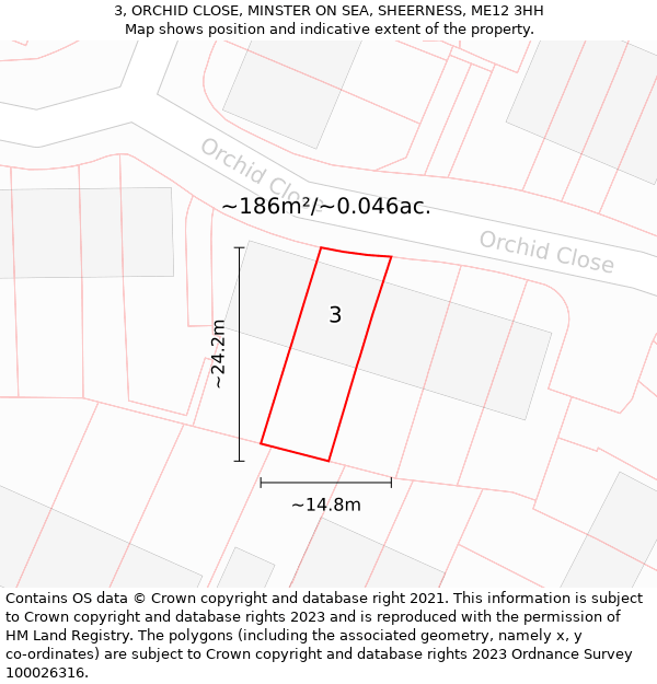 3, ORCHID CLOSE, MINSTER ON SEA, SHEERNESS, ME12 3HH: Plot and title map