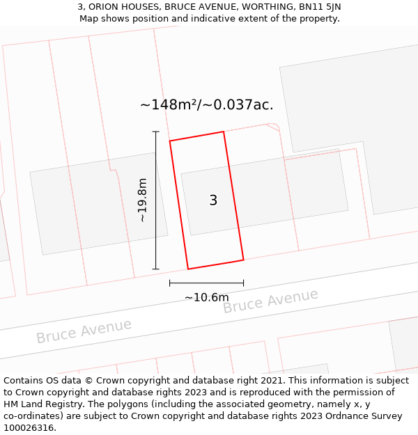 3, ORION HOUSES, BRUCE AVENUE, WORTHING, BN11 5JN: Plot and title map