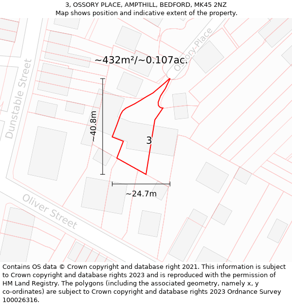 3, OSSORY PLACE, AMPTHILL, BEDFORD, MK45 2NZ: Plot and title map